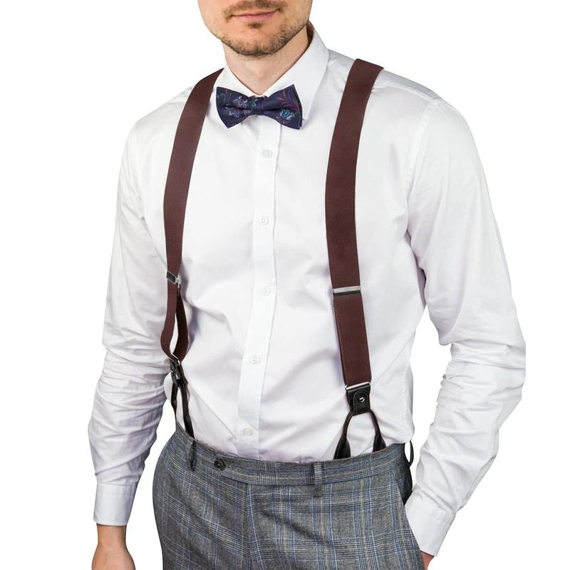 Mens Y-Back 1.4 Inches Wide Brown Button End Elastic Adjustable Tuxedo Solid Color Suspenders with 6Pcs Buttons