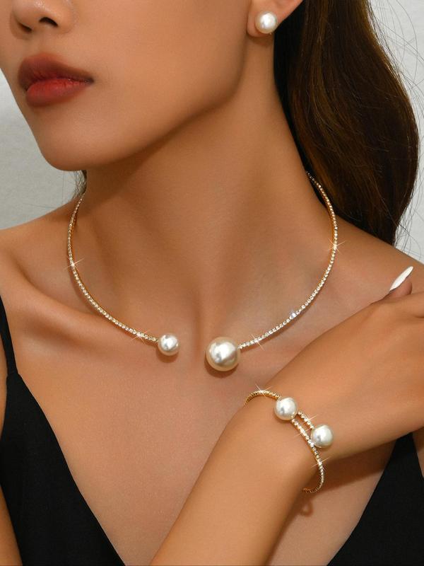 Faux Pearl Decorated Jewelry Set, Elegant Necklace & Bracelet & Earrings, 2024 New Style Fashion Accessories for Party, Daily Clothing Decor for Girl