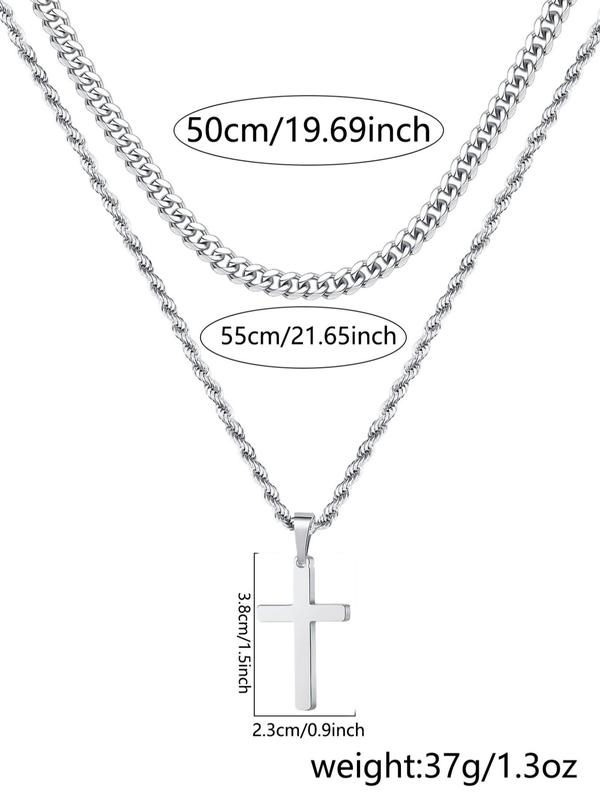 Men's Simple Style Plain Color Cross Pendant Necklace,  (2counts) Twist Chain Stainless Steel Jewelry for Party, Daily Clothing Decor, Trendy All-match & Exquisite Jewelry for Birthday Gift