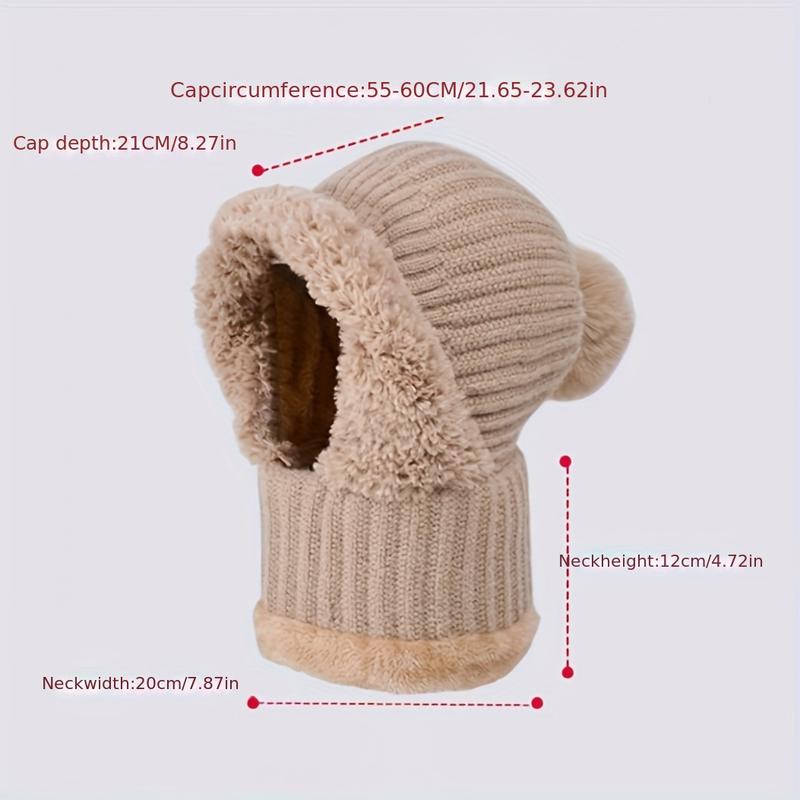 Winter Fleece Lined Knitted Hat with Ear Covers 3 in 1 Winter Hat Scarf Mask Set Windproof Warm Hooded Neck Warmer for Outdoor Cycling