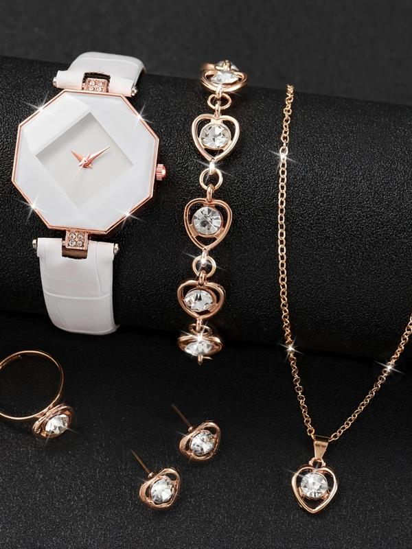 Women's Elegant Rhinestone Decor Quartz Watch & Jewelry Set, Including Round Dial Analog Wristwatch & Bracelet & Pendant Necklace & Ring & Stud Earrings, Fashion Watch Set for Women As Gift