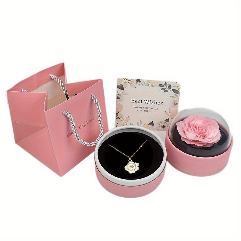 Rose Flower Decor Jewelry Gift Box, 1 Set Including Necklace & Gift Box & Gift Bag & Greeting Card, Birthday Gift for Mom, Girlfriend, Wife, Teacher