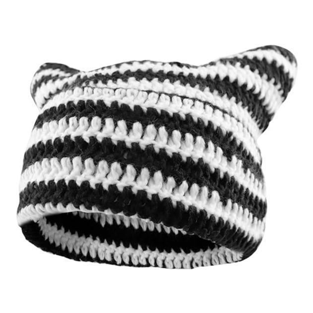 Cat Ear Beanie for Women Men Crochet Hat Knitted Hat Cute Hat with Ears Cat Beanie Y2k Winter Hat Slouchy Beanie