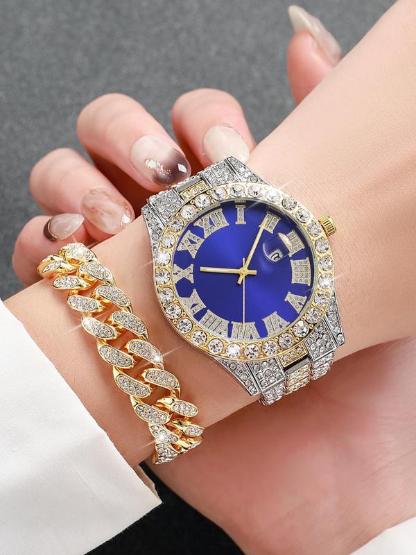 Women's Elegant Fashion Rhinestone Decorated Quartz Watch & Rhinestone Decor Bracelet, Exquisite Trendy Wristwatch & Matching Bracelet, Chic Watch Set As Gifts for Girlfriend without Box