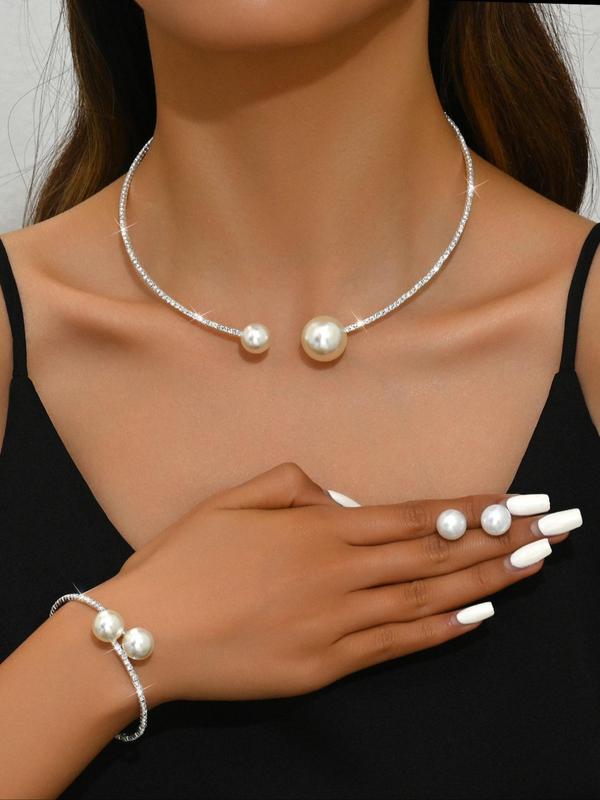 Faux Pearl Decorated Jewelry Set, Elegant Necklace & Bracelet & Earrings, 2024 New Style Fashion Accessories for Party, Daily Clothing Decor for Girl