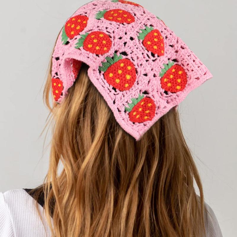 AWAYTR 2Pcs Set Knitted Bandana Strawberry Mushroom Pattern Head Kerchief Hair Scarf Hair Scarves Crochet headband Tie Back Headwrap