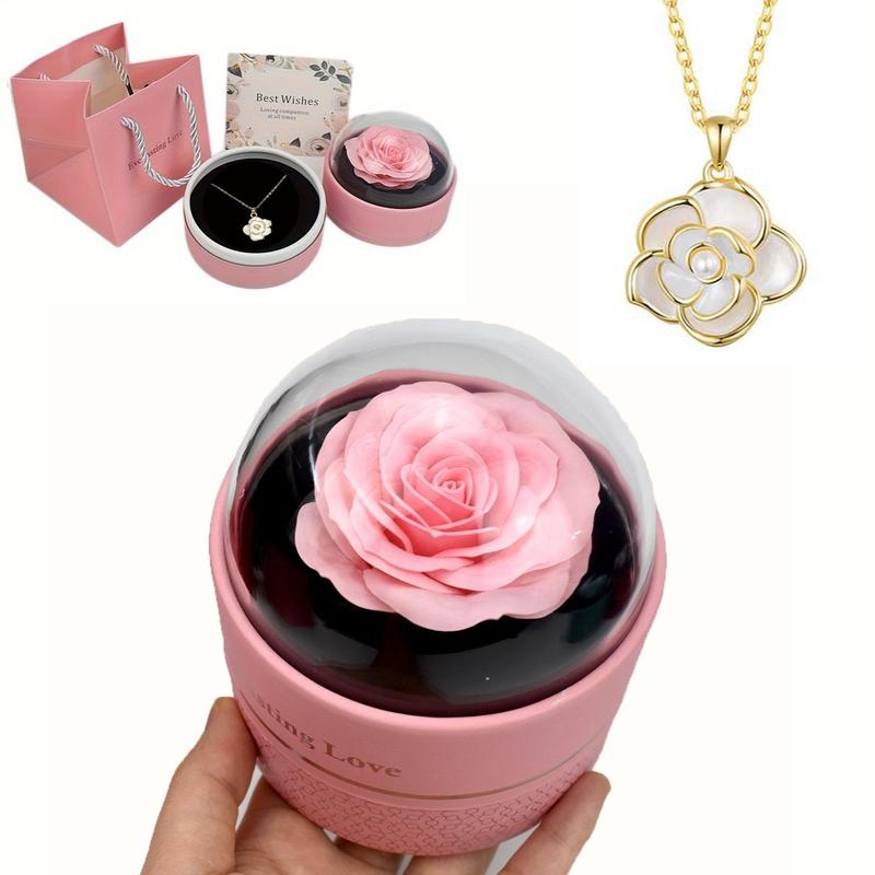 Rose Flower Decor Jewelry Gift Box, 1 Set Including Necklace & Gift Box & Gift Bag & Greeting Card, Birthday Gift for Mom, Girlfriend, Wife, Teacher