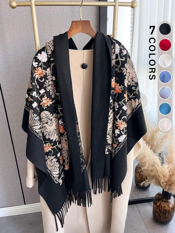 2024 New Style Floral Pattern Tassel Decor Shawl, Casual Soft Warm Scarf for Fall & Winter, Fashion Accessories for Women & Men Dainty Gift for Your Love