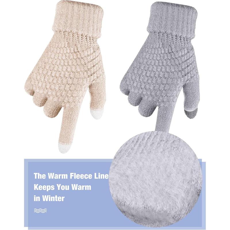 2 Pairs Women's Winter Touchscreen Gloves Warm Fleece Lined Knit Gloves Elastic Cuff Winter Texting Gloves