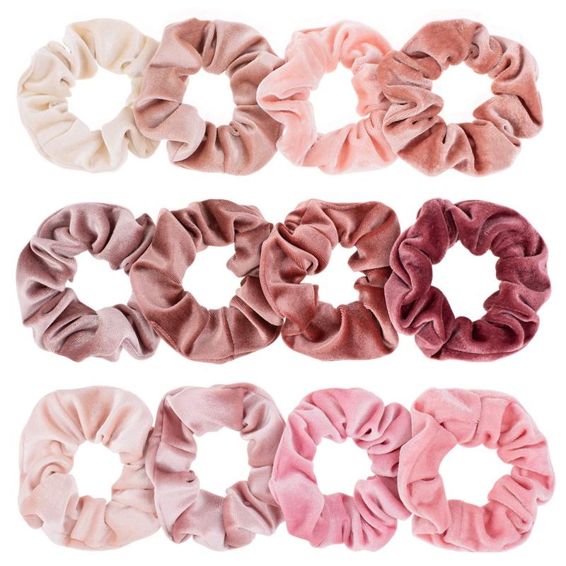 Delicate 12Pcs Blush Theme Velvet Scrunchies Set for Women: Pink Bobbles, Soft & Classic Thick Elastic Hair Bands, Perfect Lovers' Gifts