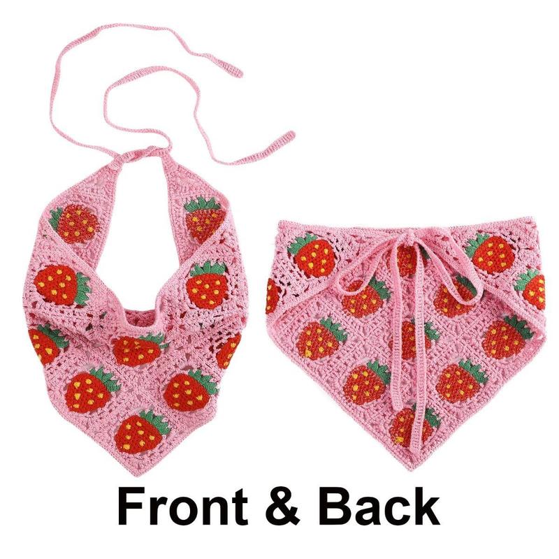 AWAYTR 2Pcs Set Knitted Bandana Strawberry Mushroom Pattern Head Kerchief Hair Scarf Hair Scarves Crochet headband Tie Back Headwrap