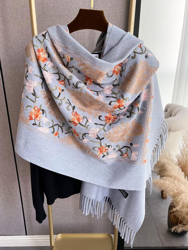 2024 New Style Floral Pattern Tassel Decor Shawl, Casual Soft Warm Scarf for Fall & Winter, Fashion Accessories for Women & Men Dainty Gift for Your Love