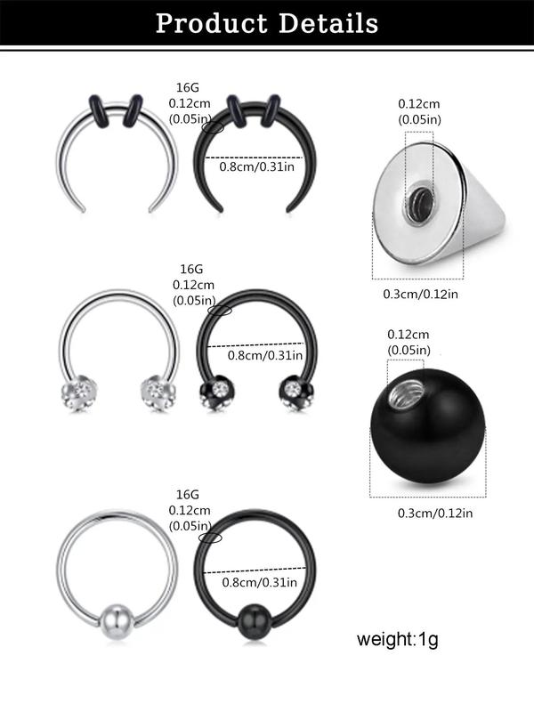 Minimalist Nose Rings & Replace Ball, 2024 New Style Summer Jewelry, Casual Stainless Steel Nose Piercings Jewelry, Versatile Body Jewelry for Men & Women, Punk Accessories As Gift