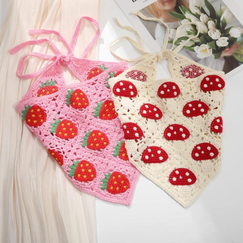 AWAYTR 2Pcs Set Knitted Bandana Strawberry Mushroom Pattern Head Kerchief Hair Scarf Hair Scarves Crochet headband Tie Back Headwrap