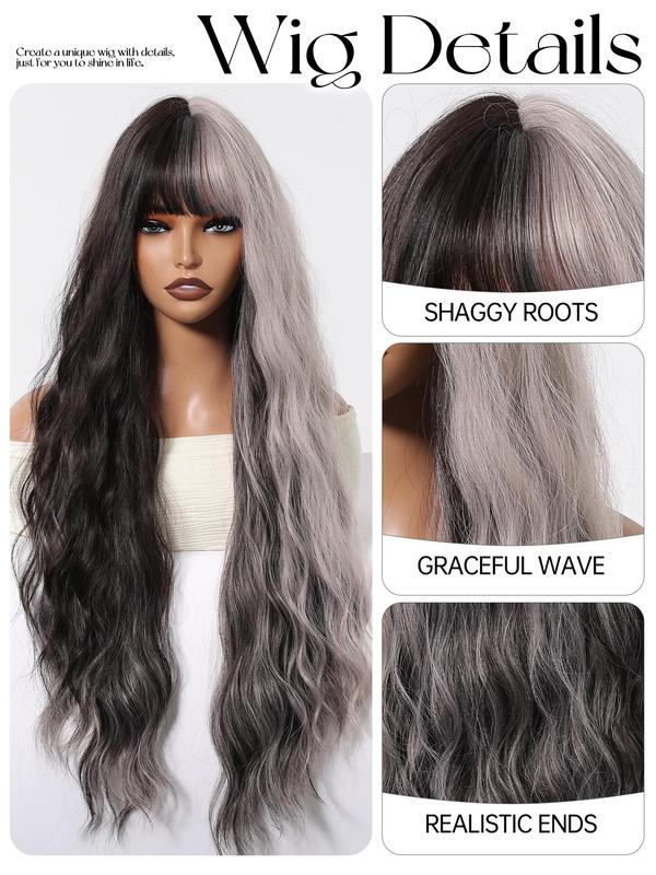 30 Inch Long Wavy Black & Grey Wigs for Women, Gorgeous Fluffy Heat Resistant Fiber Wigs with Bangs, Synthetic Full Machine Wigs for Party, Daily Use