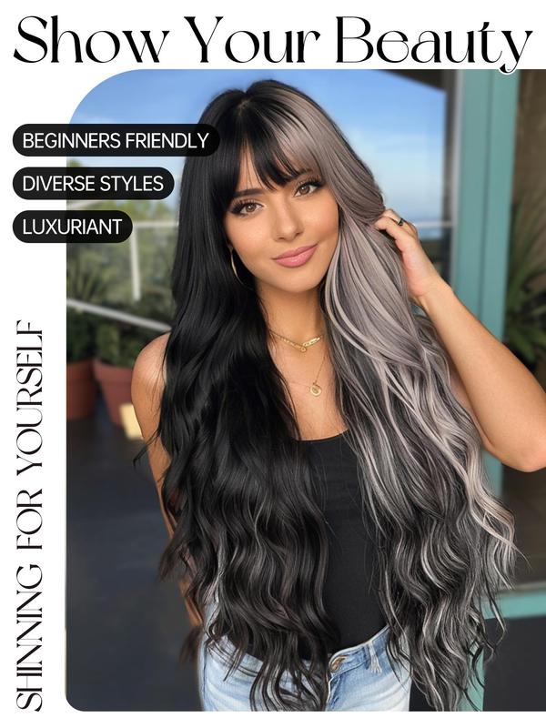 30 Inch Long Wavy Black & Grey Wigs for Women, Gorgeous Fluffy Heat Resistant Fiber Wigs with Bangs, Synthetic Full Machine Wigs for Party, Daily Use