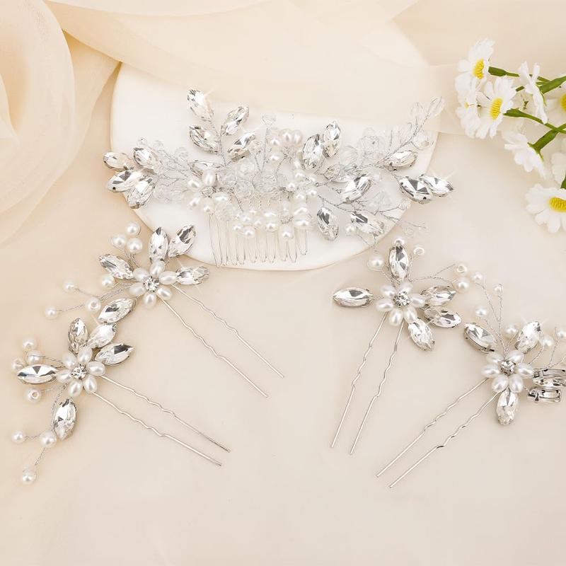 Bridal Hair Accessories Set: Crystal Headpiece, Rhinestone and Pearl Hair Pins, Combs for Brides, Bridesmaids, Prom, and Special Occasions