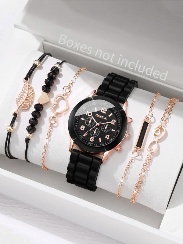 Women's Fashion Simple Round Dial Quartz Watch  for Gift, Heart & Leaf Design Beaded Bracelet Set with Box, Fashion Silicone Strap Watch for Party, Daily Clothing Decor, Trendy All-match & Exquisite Watch for Birthday Gift