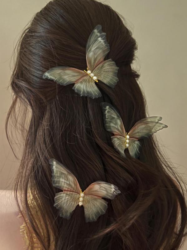 Double Layer Tulle Butterfly Hair Clips for Galentine's Party Style, Faux Pearl Decoration, Retro Design Temperament Bangs Hair Clips, Fashionable and Versatile Daily Hair Accessories, Gifts for Girls