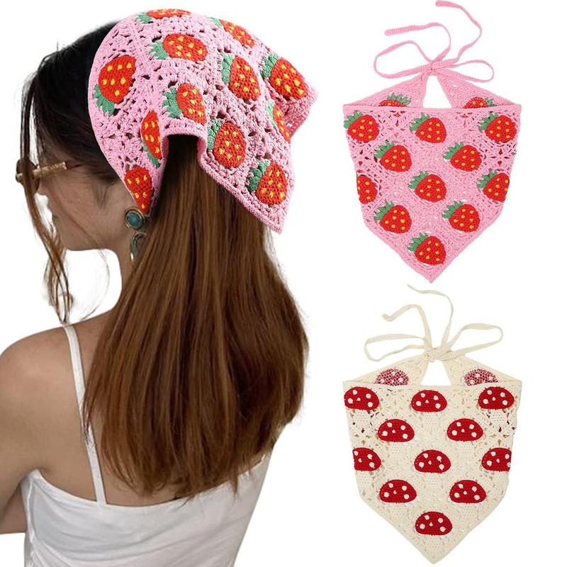 AWAYTR 2Pcs Set Knitted Bandana Strawberry Mushroom Pattern Head Kerchief Hair Scarf Hair Scarves Crochet headband Tie Back Headwrap