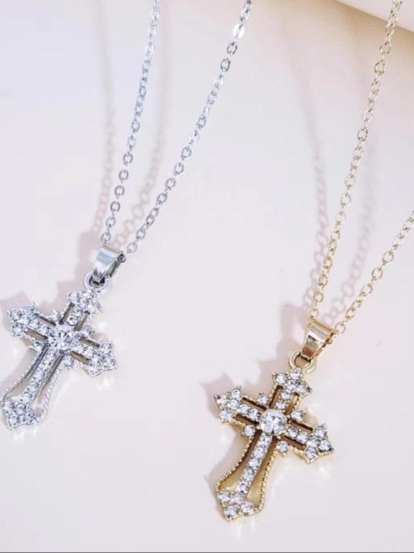 Rhinestone Cross Pendant Necklace (2pcs), Retro Personality Accessories for Both Men & Women, Vintage Jewelry for Party, Daily Clothing Decor for Birthday Gift