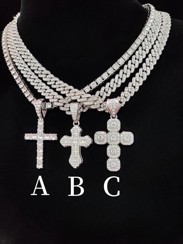 Rhinestone Cross Pendant Necklace for Men & Women, Necklace, Summer Chunky Jewelry for Party, Accessories As Gift for Boyfriend & Girlfriend