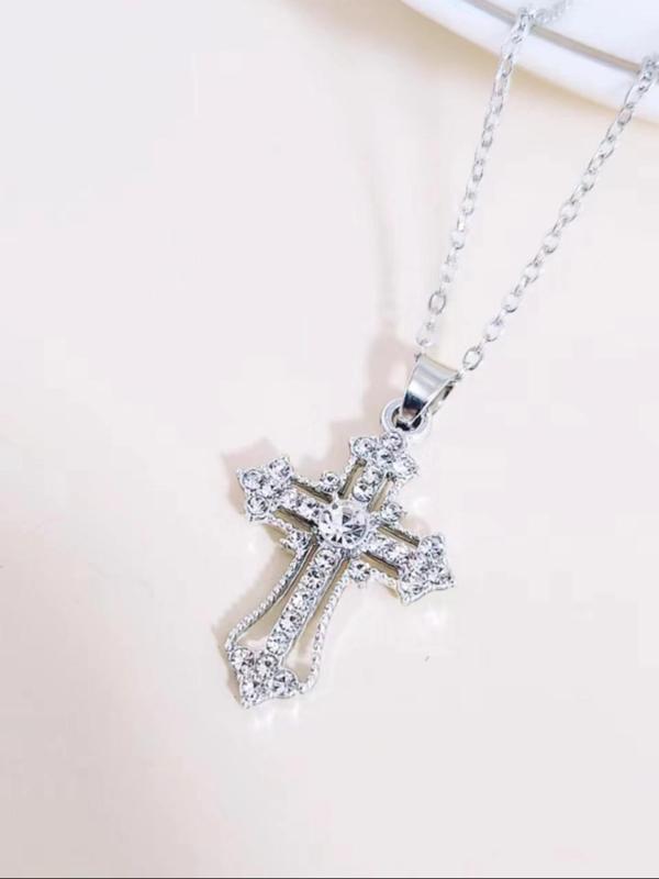 Rhinestone Cross Pendant Necklace (2pcs), Retro Personality Accessories for Both Men & Women, Vintage Jewelry for Party, Daily Clothing Decor for Birthday Gift