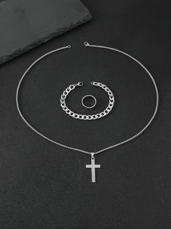 Punk Style Stainless Steel Cross Pendant Necklace & Bracelet & Link Bracelet, for Men & Women for Party, Daily Clothing Decor, Trendy All-match & Exquisite Jewelry for Gift