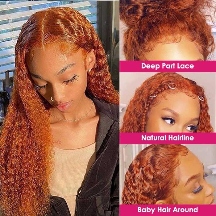 Aveiyce Ginger Orange Deep Wave Lace Front Wigs Human Hair Colored 13x4 HD Transparent Lace Frontal Wig Human Hair for Black Women 180% Density