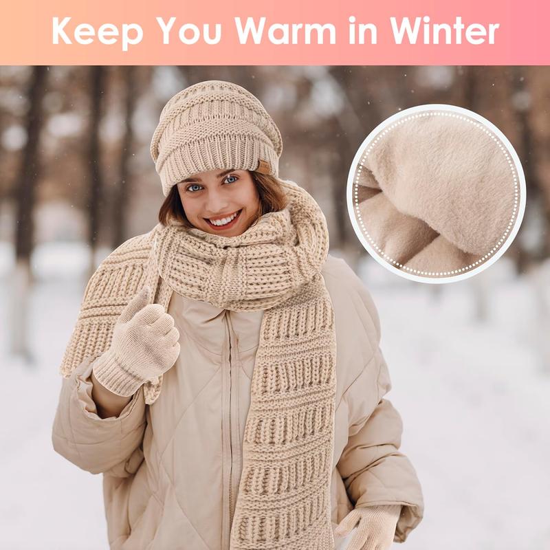 Women's Beanie Hat Scarf,Gloves Set Fleece Lined Winter Hat with Long Knit Scarf, Neck Warmer Touchscreen Gloves for Women