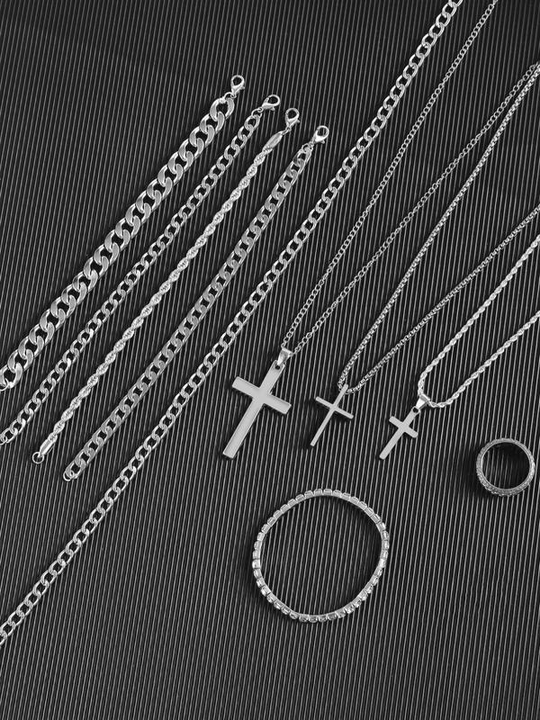 Men's Street Trend Cross Pendant & Cuban Chain Necklace, Rhinestone Decorated Chain Bracelet & Ring, Fashionable Jewelry Set As Gift without Box