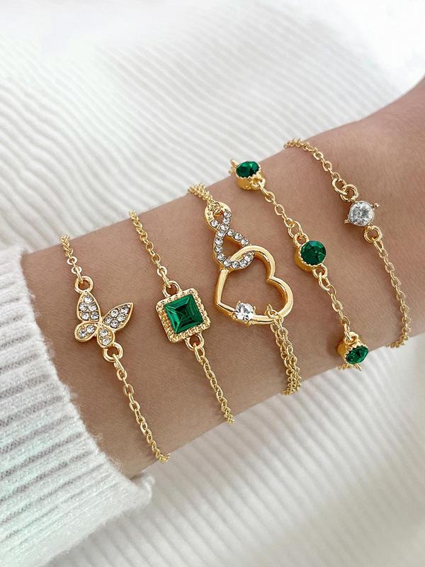 Women's Elegant Fashion Rhinestone Decorated Chain Bracelet, Heart Cutout Butterfly Square Design Charm Alloy Bracelet