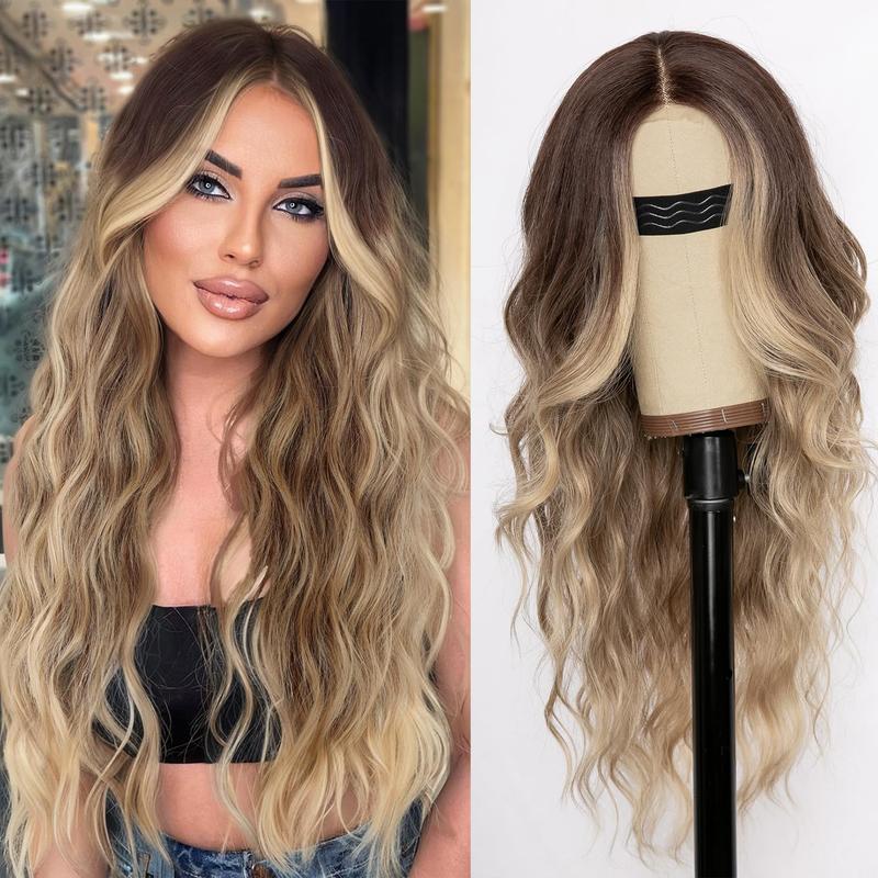 Nnzes Ombre Dirty Blonde Wig for Women Long Wavy Lace Hairline Wig 26 Inch Middle Part Synthetic Wig for Daily Party