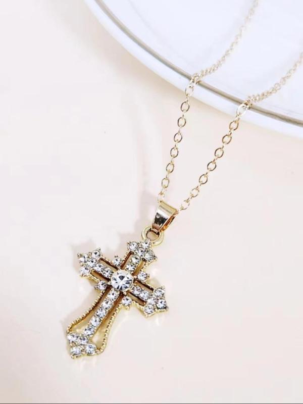 Rhinestone Cross Pendant Necklace (2pcs), Retro Personality Accessories for Both Men & Women, Vintage Jewelry for Party, Daily Clothing Decor for Birthday Gift