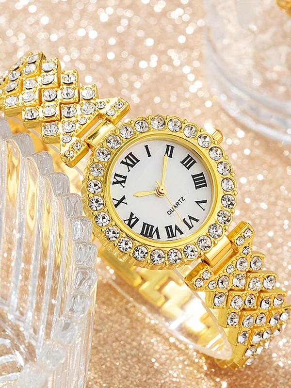 Women's Elegant Rhinestone Decorated Watch & Jewelry Set, Including Round Dial Watch & Bracelet & Pendant Necklace & Ring & Stud Earrings, Fashion Watch Set for Party, Daily Decor, without Box