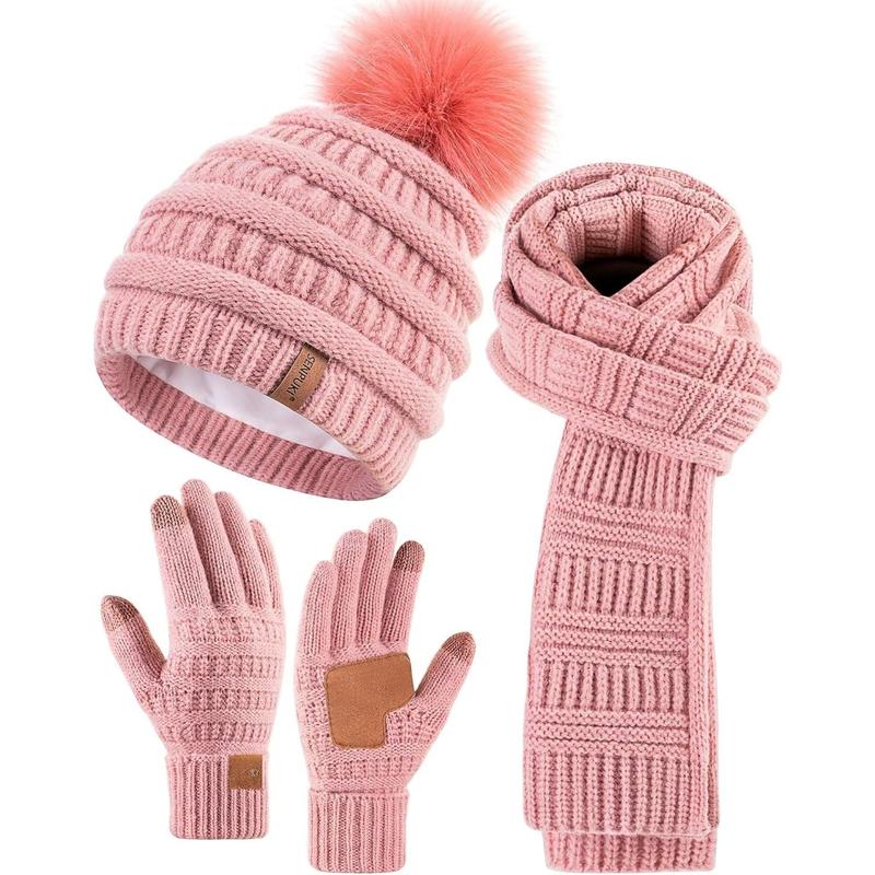 Womens Winter Beanie Scarf Gloves Set, Pom Pom Hat with Warm Fleece Lined Long Knit Scarf Touchscreen Gloves for Cold Weather