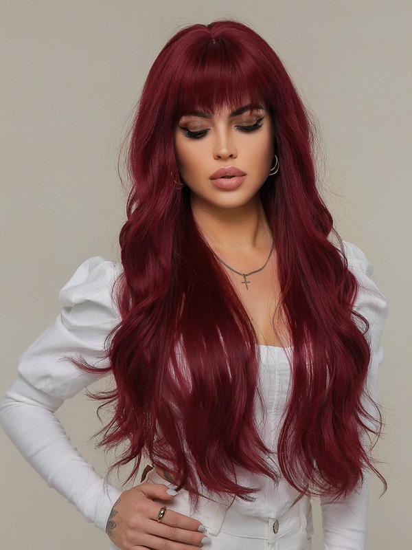 30 Inch Long Curly Wine Red Wigs for Women, Gorgeous Fluffy Wigs with Bangs, Synthetic Full Machine Wigs for Daily or Cosplay Use