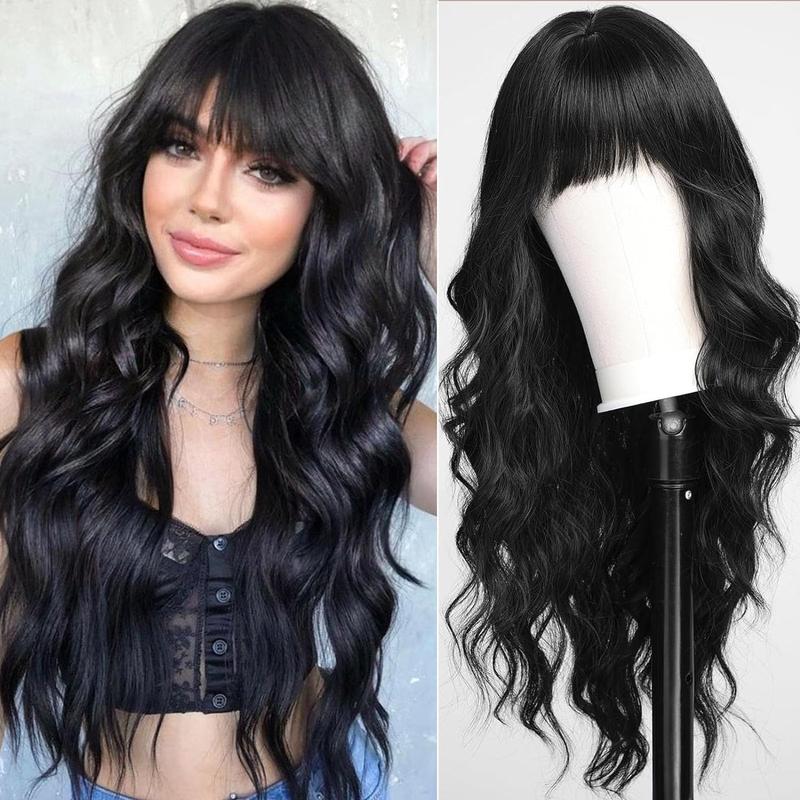 30 inch Black Wigs with Bangs,Black Long Wavy Wig for Women,Black Long Curly Synthetic Hair Wig for Party Daily Use