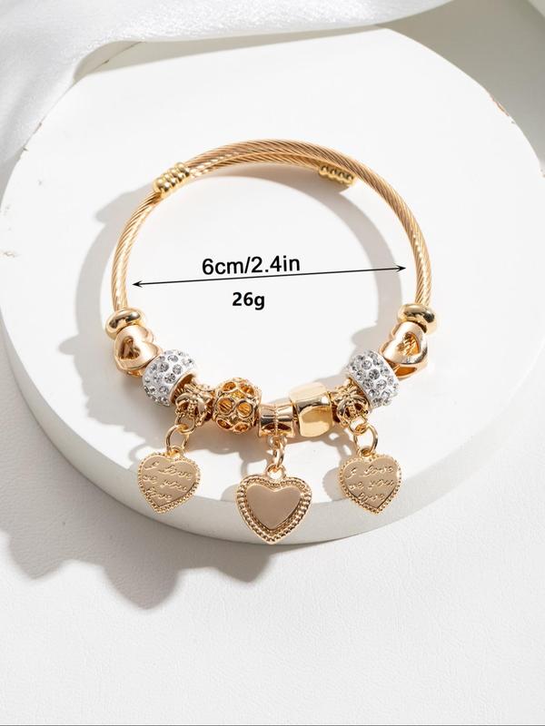 Cute Hollow out Heart Charm Bangle, Rhinestone Decor Stainless Steel Bracelet, Fashion Jewelry for Party, Daily Clothing Decor, Trendy All-match & Exquisite Jewelry for Birthday Gift