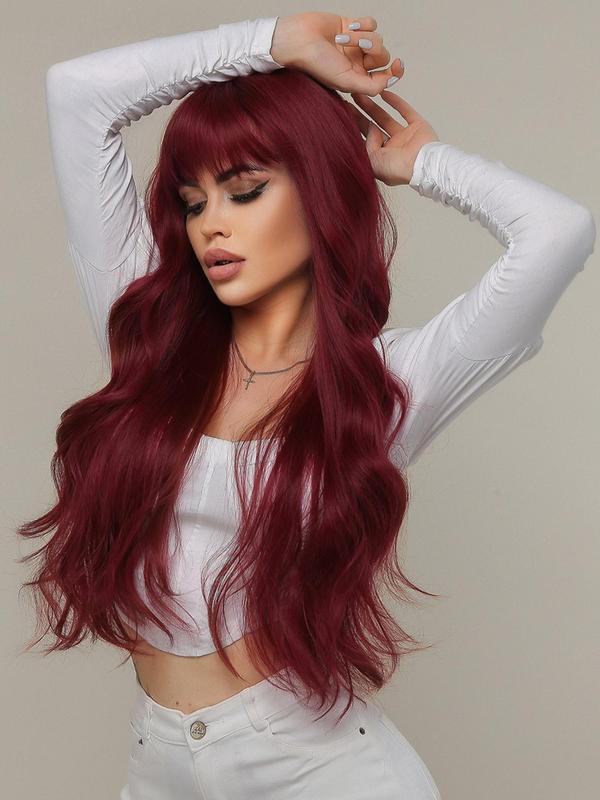 30 Inch Long Curly Wine Red Wigs for Women, Gorgeous Fluffy Wigs with Bangs, Synthetic Full Machine Wigs for Daily or Cosplay Use