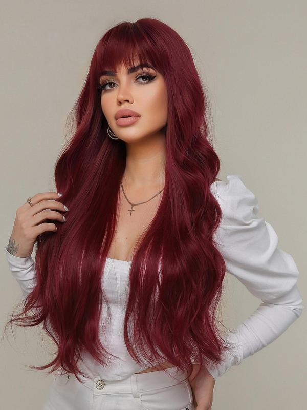 30 Inch Long Curly Wine Red Wigs for Women, Gorgeous Fluffy Wigs with Bangs, Synthetic Full Machine Wigs for Daily or Cosplay Use