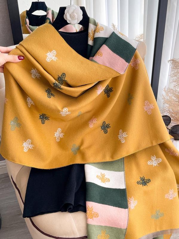 Women's Colorblock Bee Pattern Double Sided Shawl, Casual Soft Warm Thick Scarf for Fall & Winter, Fashion Accessories for Daily Wear