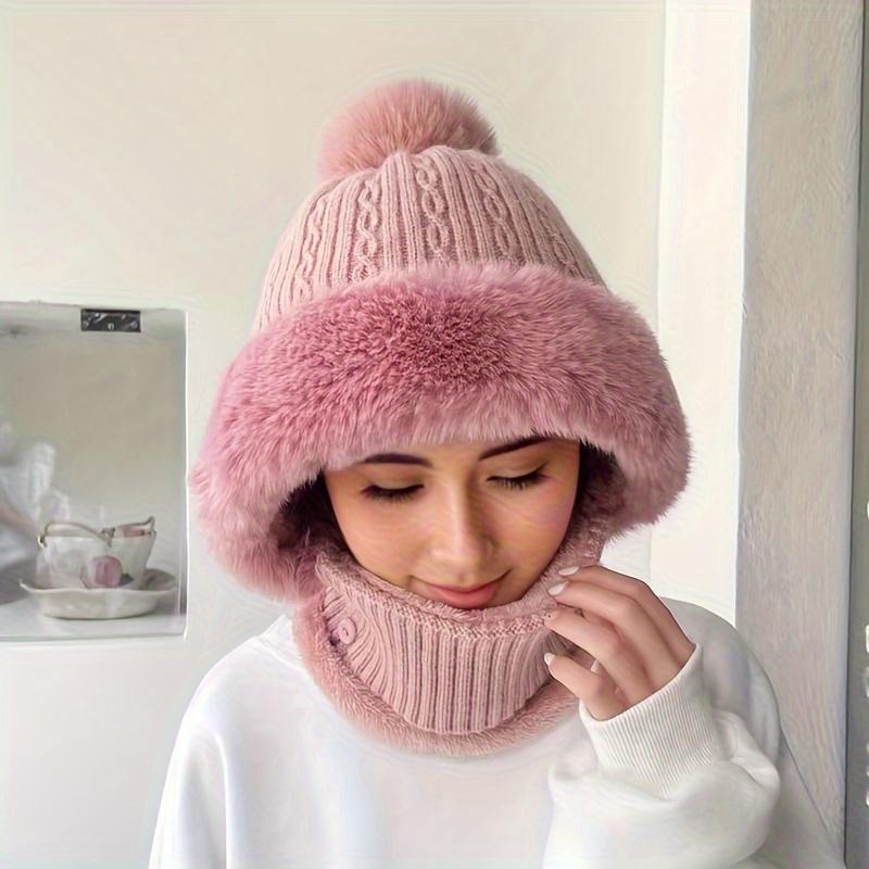 One Piece Beanie Scarf, Plush Stretch Twist Knit Hat with Pom Pom, Neck Protection Outdoor Warm Hooded Scarf for Cycling and Outdoor Activities