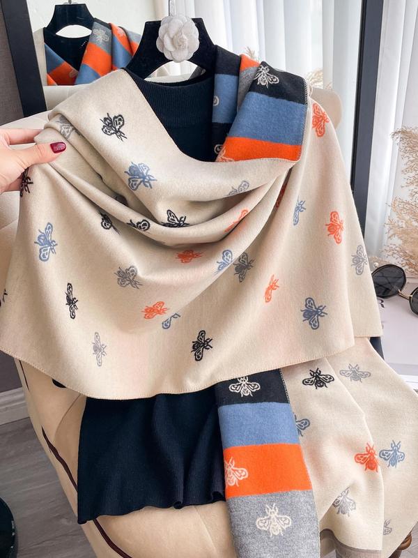 Women's Colorblock Bee Pattern Double Sided Shawl, Casual Soft Warm Thick Scarf for Fall & Winter, Fashion Accessories for Daily Wear