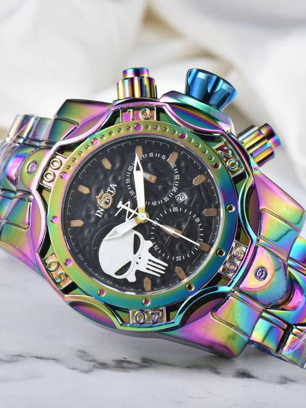 Men's Street Trend Skull Design Round Dial Quartz Watch, Trendy Wristwatch with Colorful Band, Chic All-match Accessories As Gift for Boyfriend