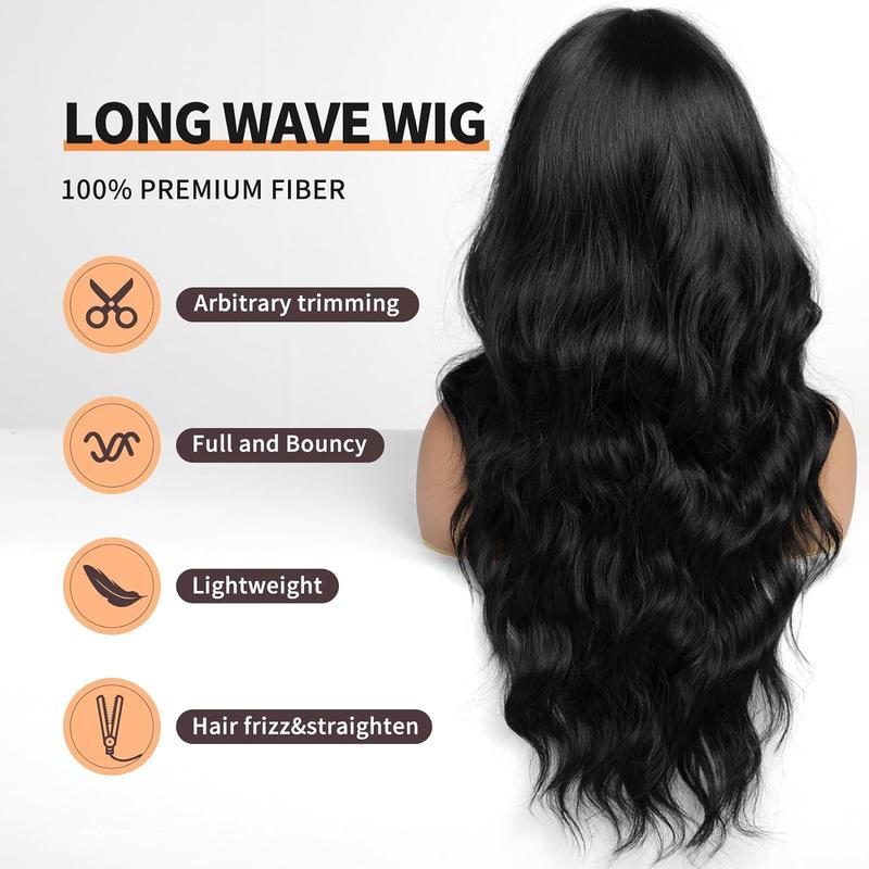 30 inch Black Wigs with Bangs,Black Long Wavy Wig for Women,Black Long Curly Synthetic Hair Wig for Party Daily Use