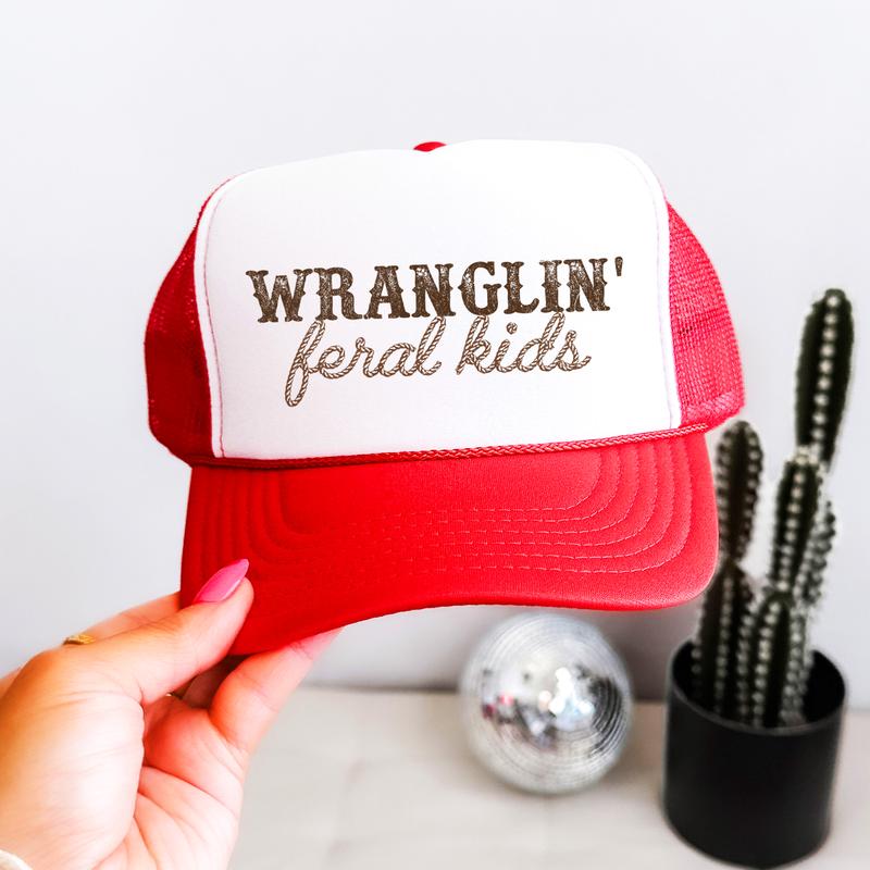 Wranglin' Feral Kids Trucker Hat for Women and Men - Funny Adjustable Cap for Mom - Western Style Snapback for Dad - Gift for Teacher