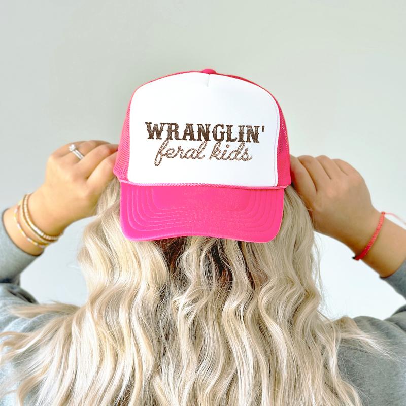 Wranglin' Feral Kids Trucker Hat for Women and Men - Funny Adjustable Cap for Mom - Western Style Snapback for Dad - Gift for Teacher