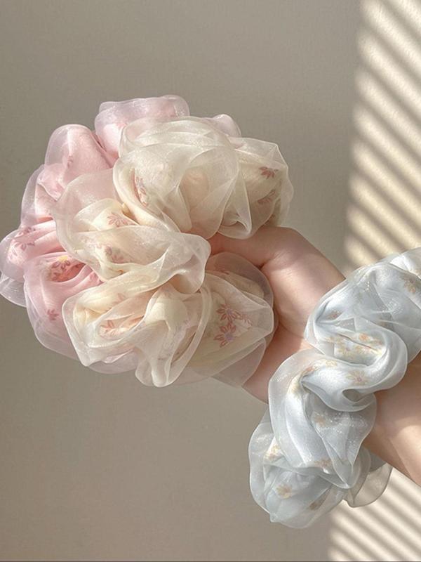 Women's Elegant Ruched Flower Design Hair Tie Set, Trendy Cute Contrast Mesh Scrunchie, Chic All-match Hair Accessories for Hairstyle Decor