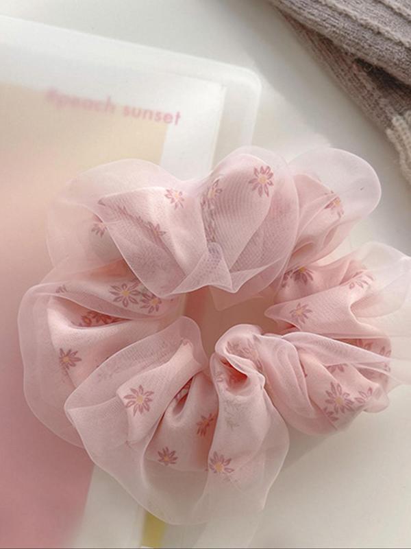 Women's Elegant Ruched Flower Design Hair Tie Set, Trendy Cute Contrast Mesh Scrunchie, Chic All-match Hair Accessories for Hairstyle Decor